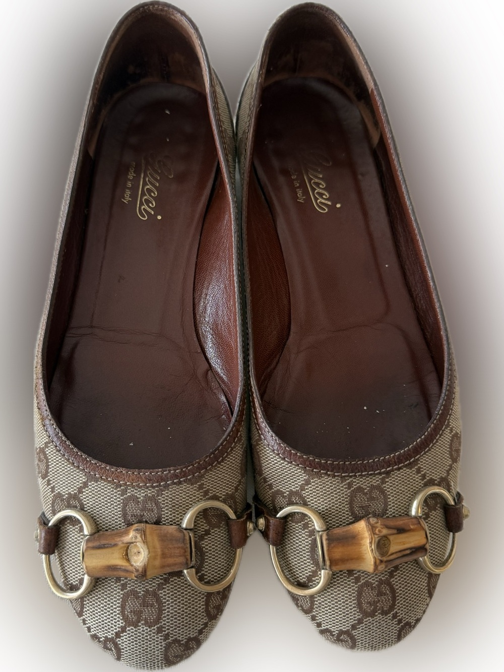Gucci Beige Brown GG Canvas Bamboo Bit Ballet Flats. Circa 2006.